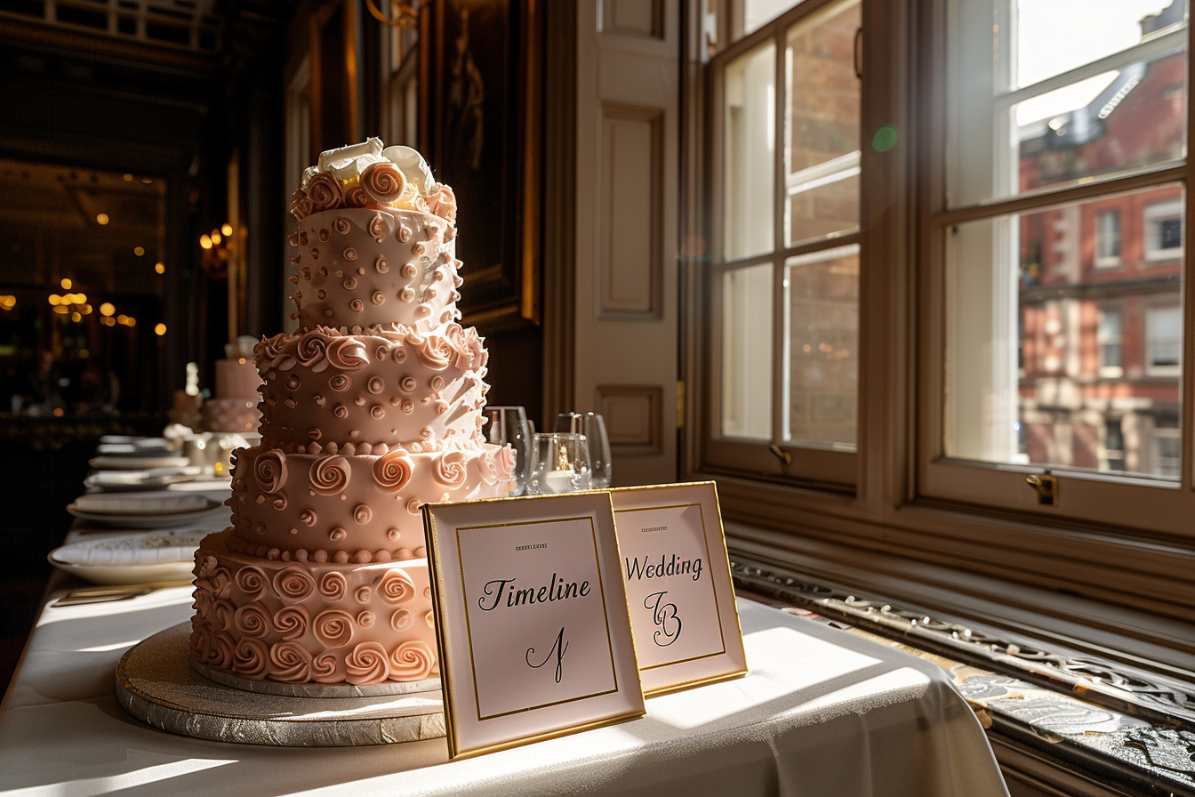 There's a four-tiered cake by the window.