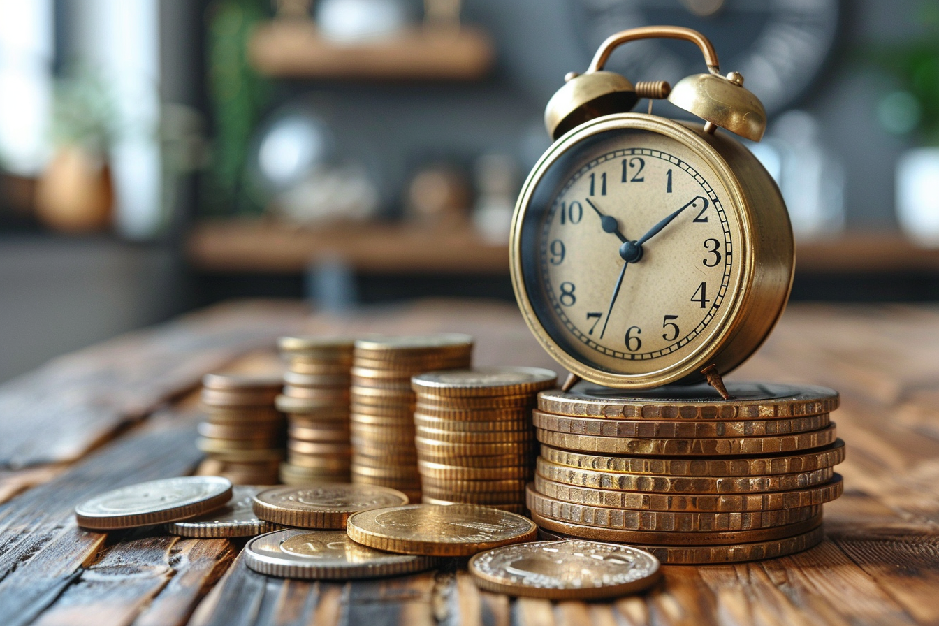 Some gold coins with a little alarm clock on them.