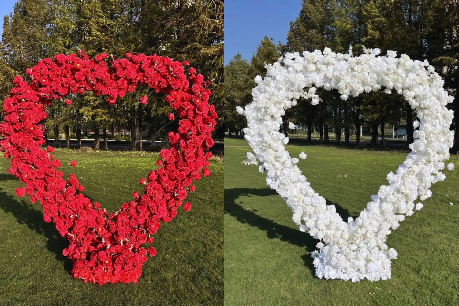 White and red artificial flower arch on the green grass.