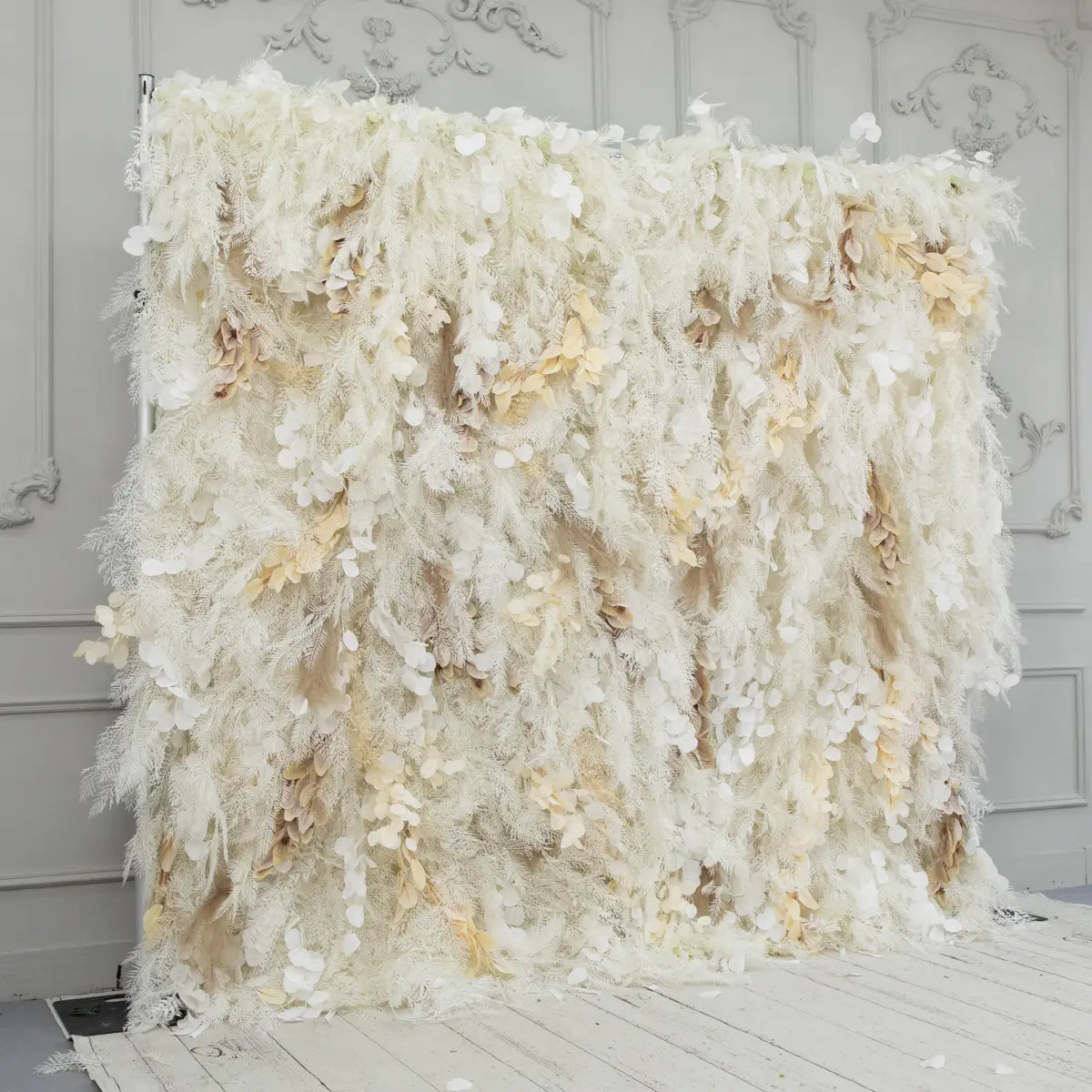 Fade-resistant and realistic, the 3D white pampas & champagne phalaenopsis flower wall side view features a fabric backing.