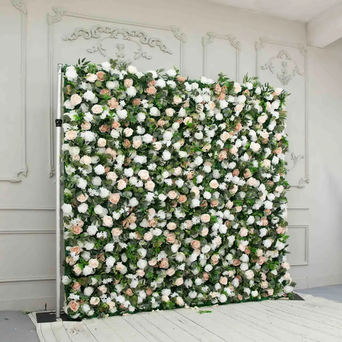 The 3D white pink & green rose flower wall side view is designed for realism and durability with a fabric backing.