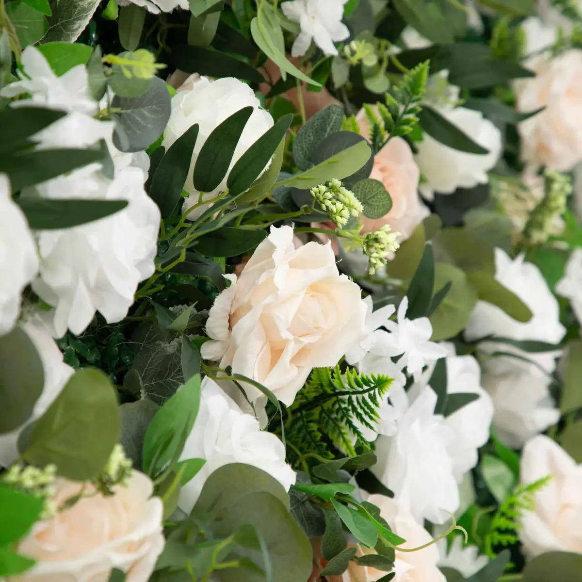 The 3D white pink & green rose flower wall detailed view highlights its vibrant, realistic shapes and fabric backing.