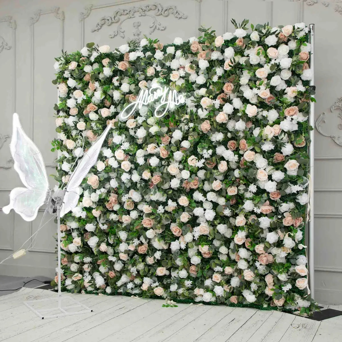 The 3D white pink & green rose flower wall side view is designed for realism and durability with a fabric backing.