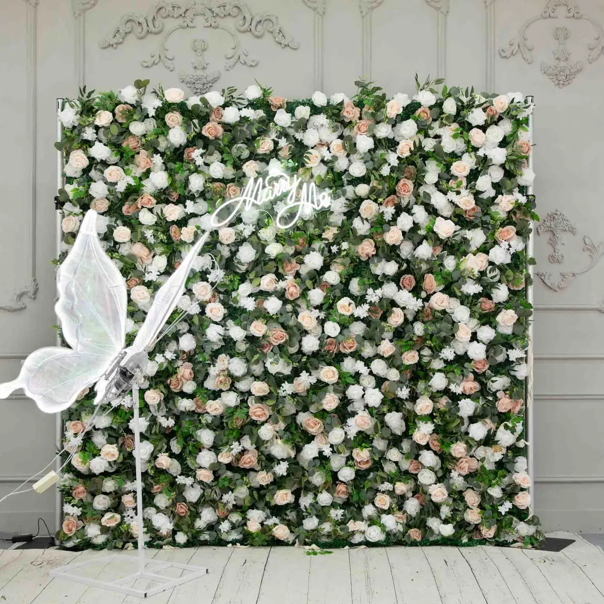 Crafted for realism, the 3D white pink & green rose flower wall boasts a fabric backing and fade-resistant colors.