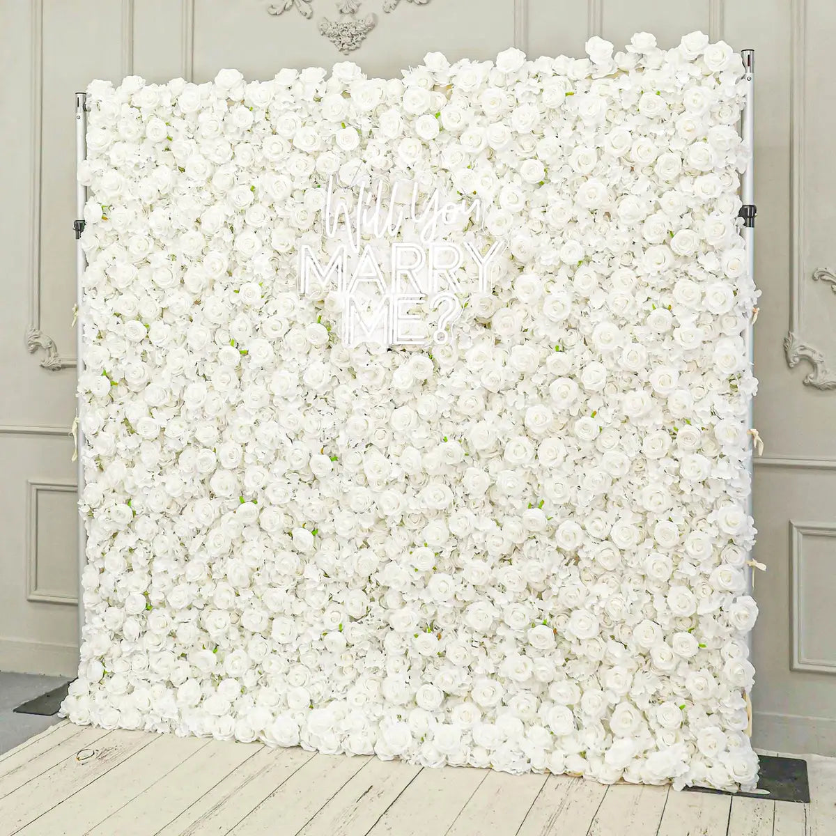 The 3D white rose flower wall side view is designed for realism and durability with a fabric backing.