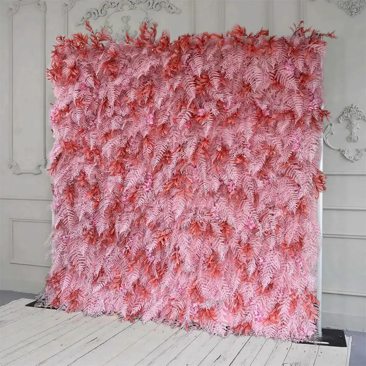 The pink pampas flower wall's side view boasts realistic shapes and a fabric backing.