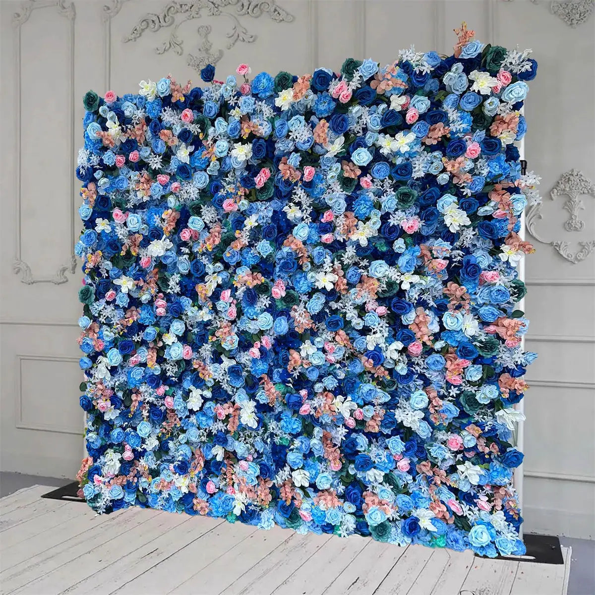 Fade-resistant and realistic, the 3D blue and pink flower wall side view features a fabric backing.