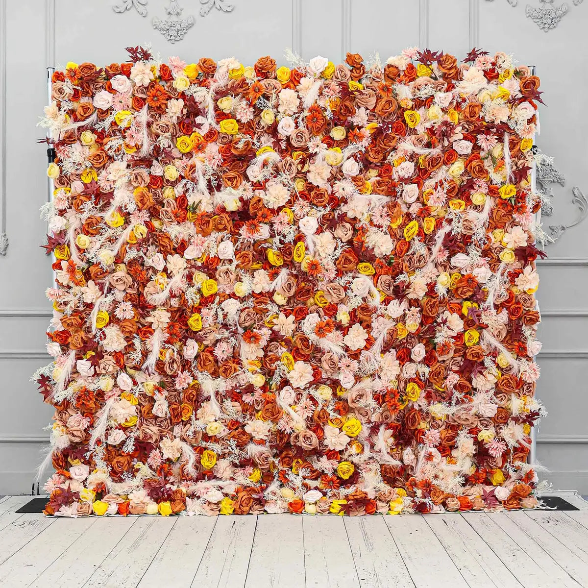 Crafted for realism, the fall bright orange rose flower wall boasts a fabric backing and fade-resistant colors.