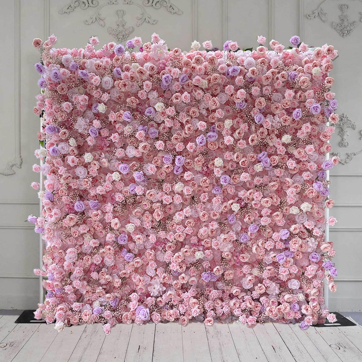 100% handmade, the pink purple rose & baby's breath  flower wall provides a lifelike appearance and is easy to set up.