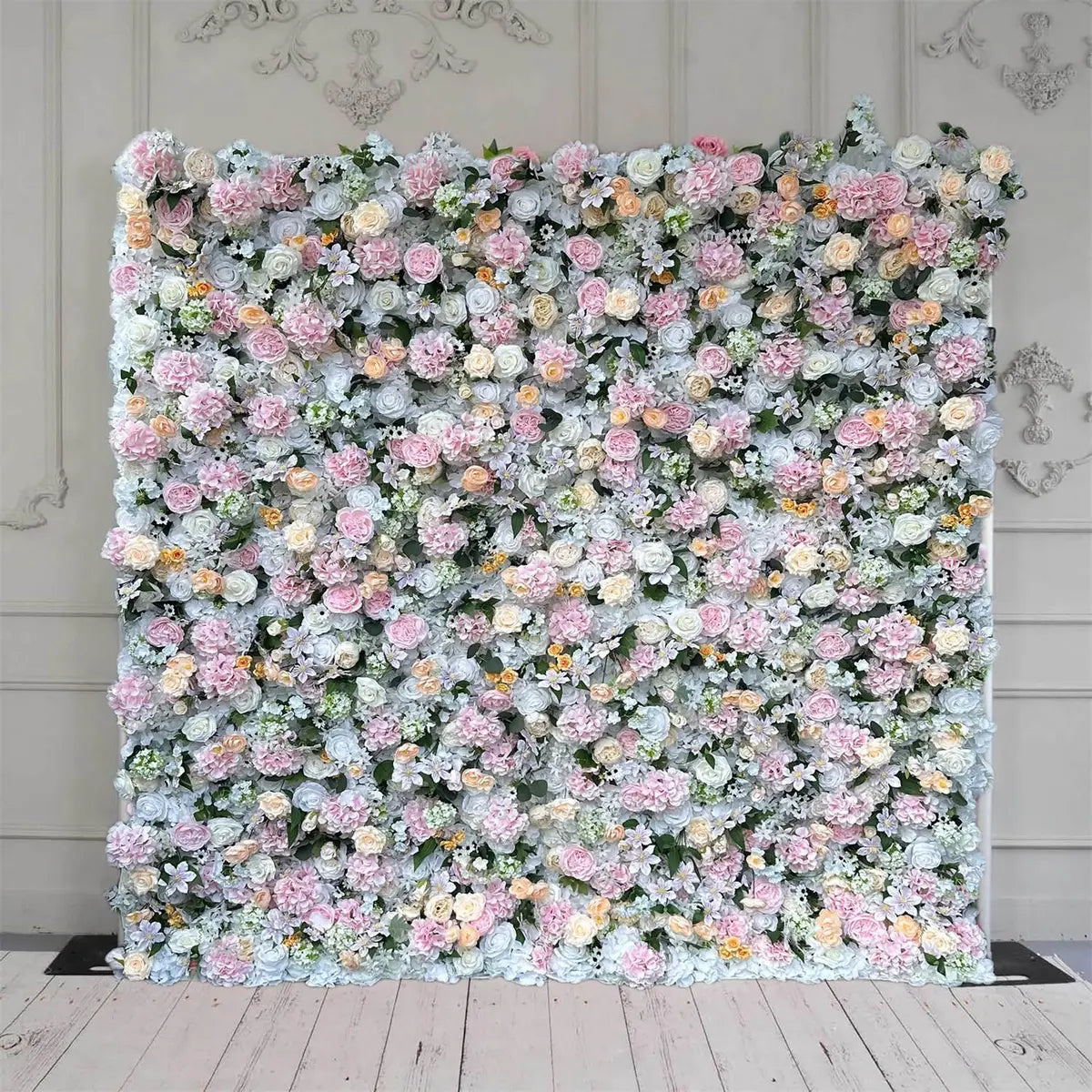 100% handmade, the pink white and champagne flower wall provides a lifelike appearance and is easy to set up. 