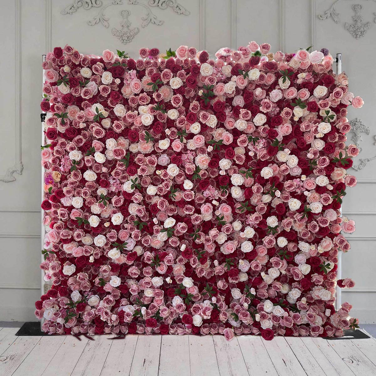 The red and white rose flower wall features a fabric backing, ensuring lifelike shapes and vibrant colors. 