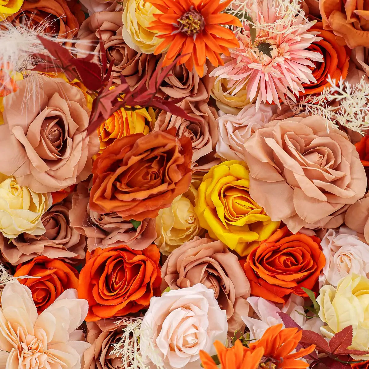 The fall bright orange rose flower wall detailed view shows off vivid colors and a realistic fabric backing.