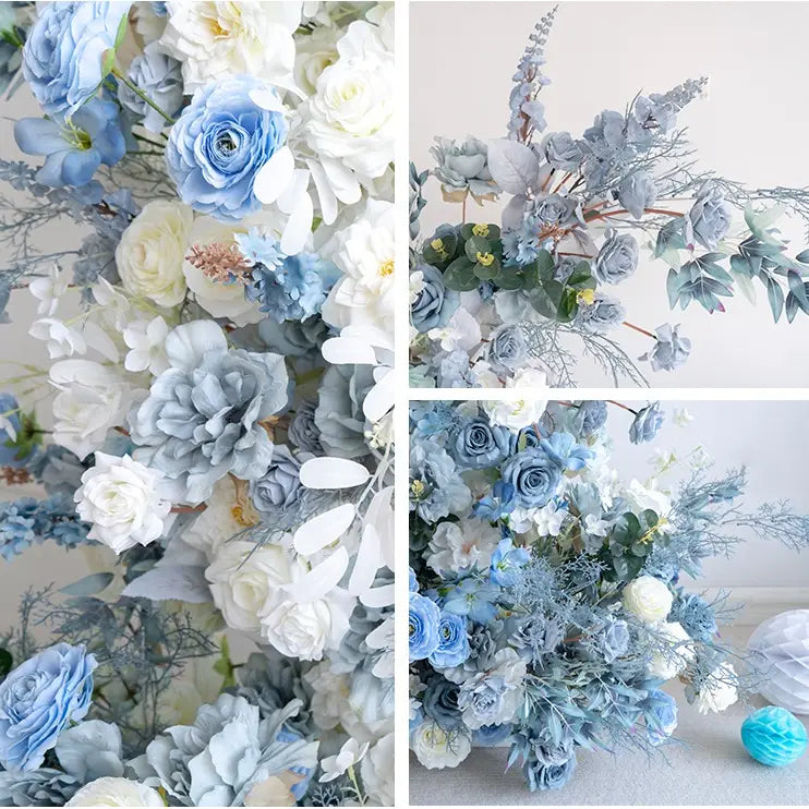 The blue white flower arch detailed view highlights its vibrant, realistic shapes and fabric backing.