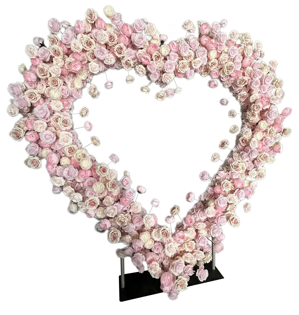 The pink roses flower arch's side view boasts realistic shapes and a fabric backing.