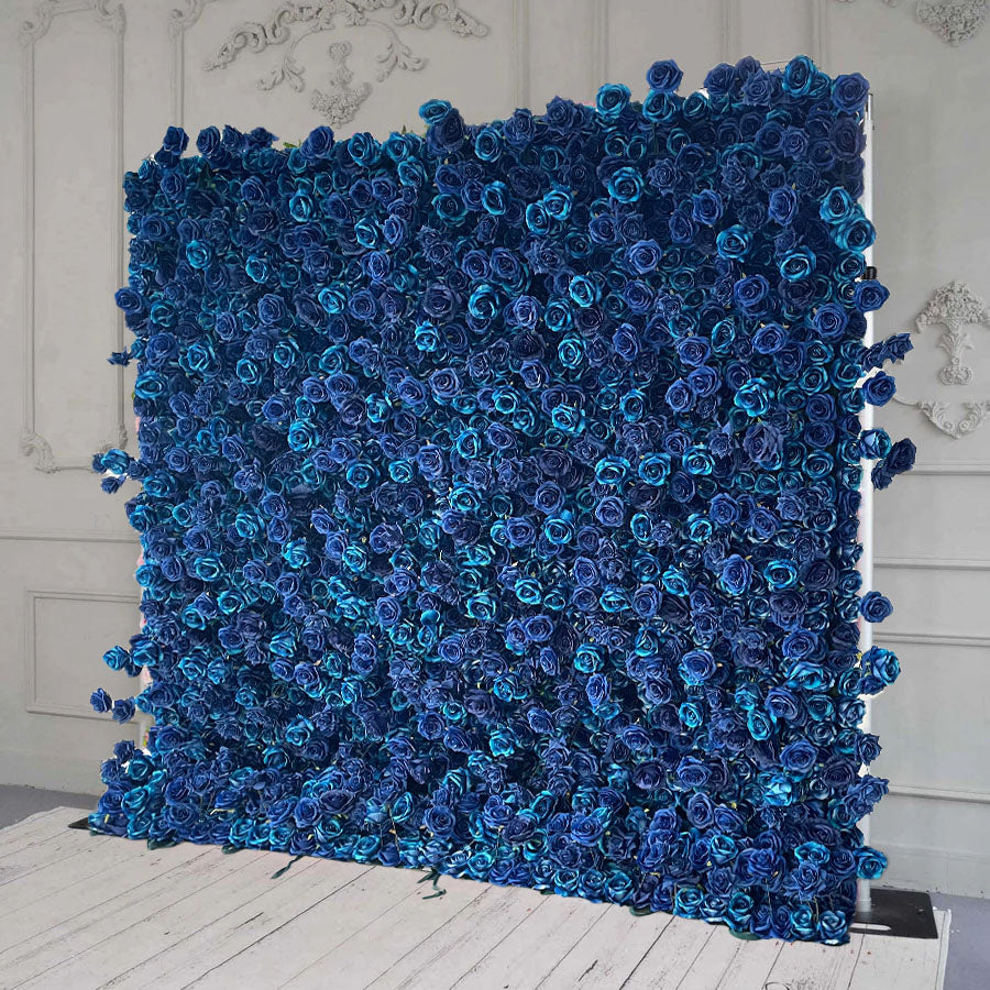 The navy blue rose flower wall side view is designed for realism and durability with a fabric backing.