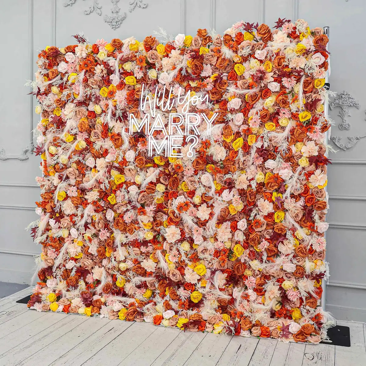 The fall bright orange rose flower wall side view is designed for realism and durability with a fabric backing.