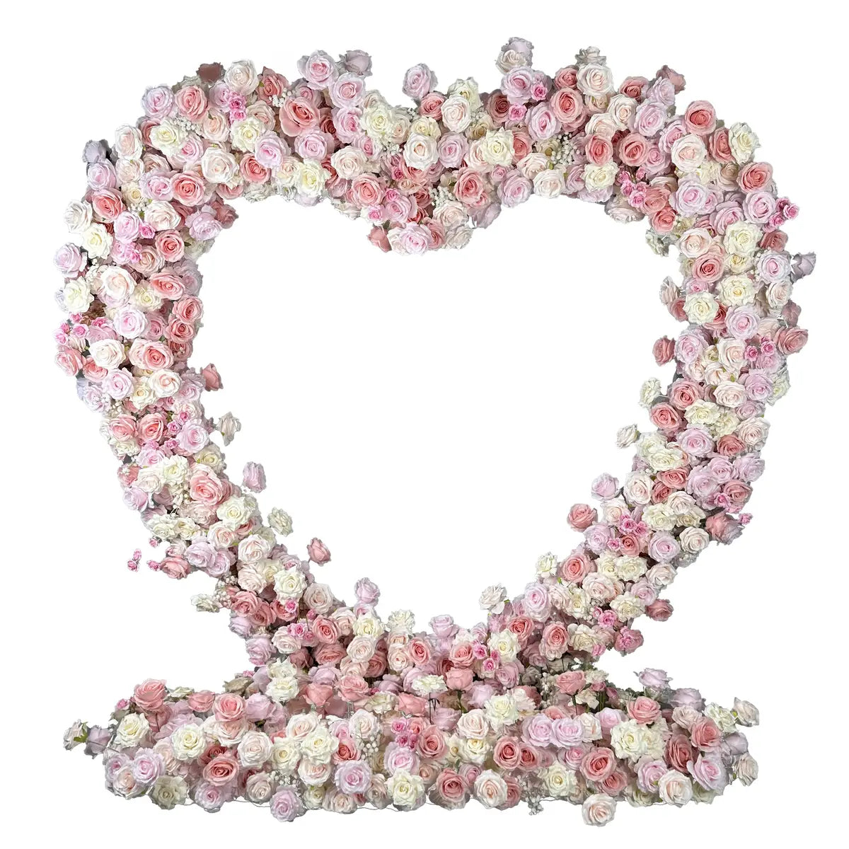 The 5D heart-shaped pink and champagne roses flower arch features a fabric backing, ensuring lifelike shapes and vibrant colors. 