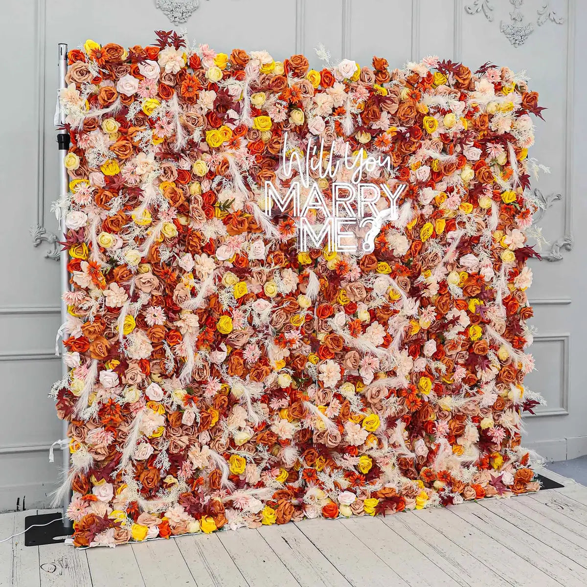 The fall bright orange rose flower wall side view is designed for realism and durability with a fabric backing.