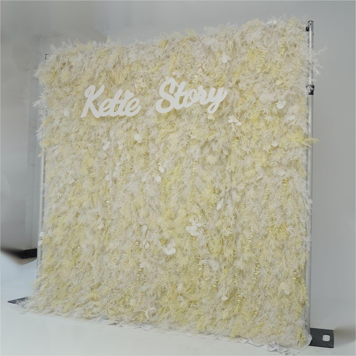 The white and light yellow flower wall's side view boasts realistic shapes and a fabric backing