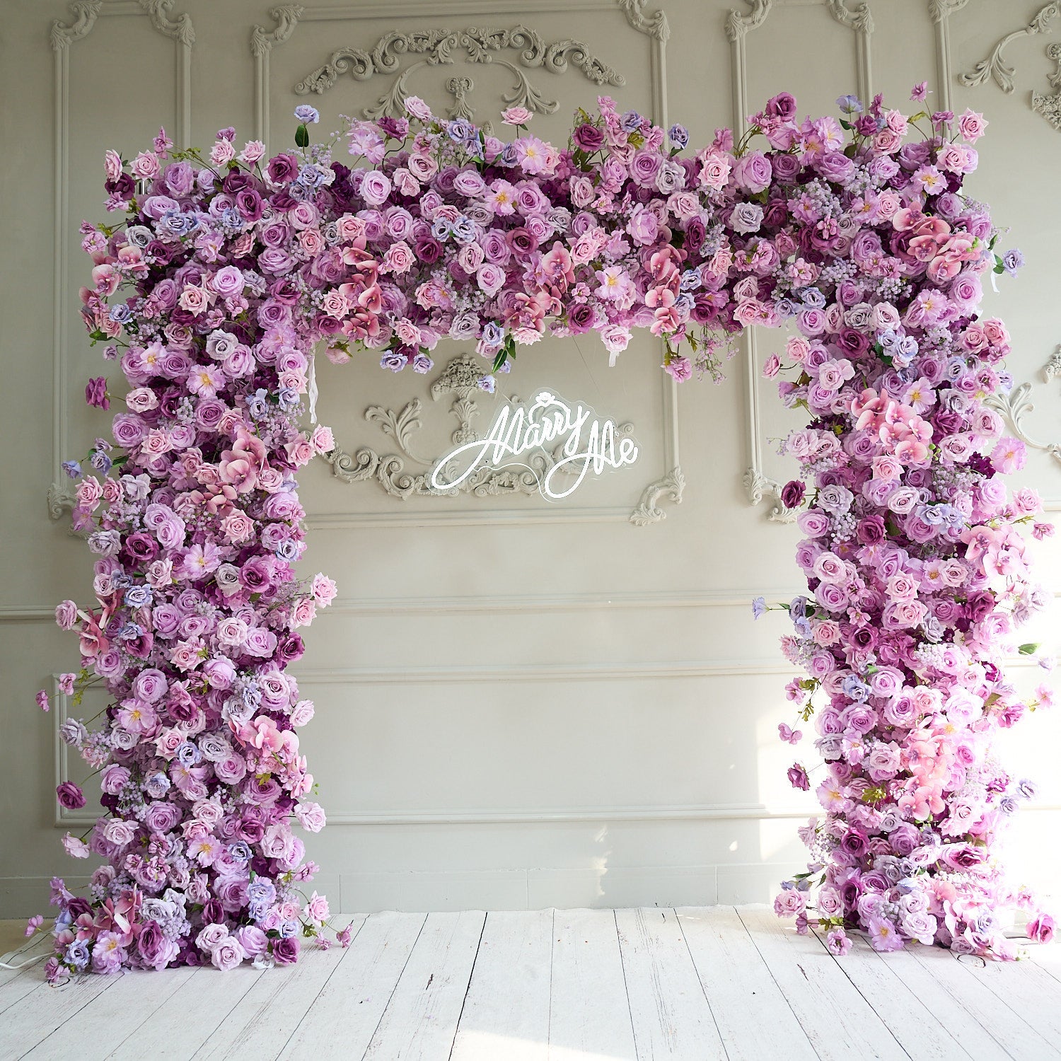The purple roses florals flower wall looks elegant and romantic.