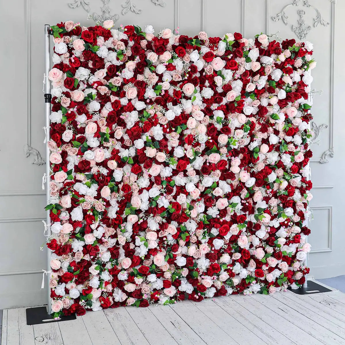 The 3D red & white rose flower wall side view is designed for realism and durability with a fabric backing.