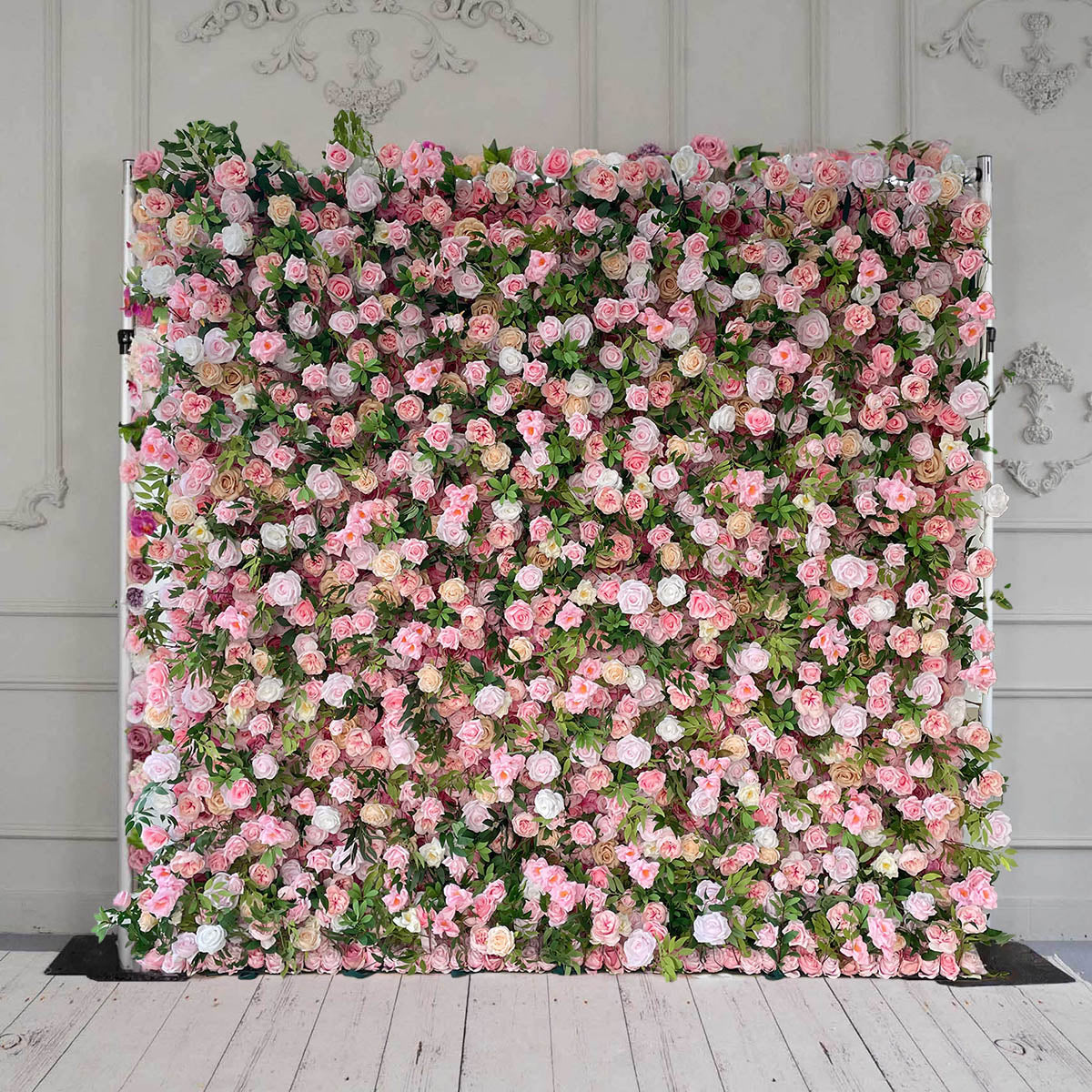 Crafted for realism, the light pink and white rose flower wall boasts a fabric backing and fade-resistant colors.