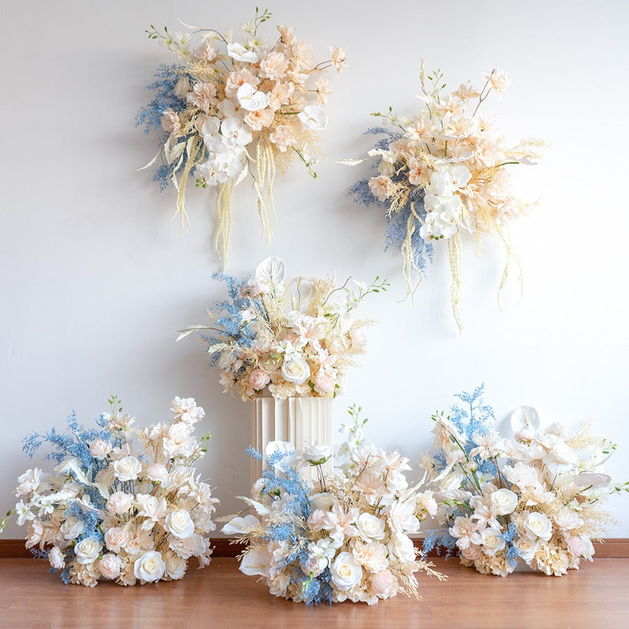 100% handmade, the champagne blue hanging flower set provides a lifelike appearance and is easy to set up.