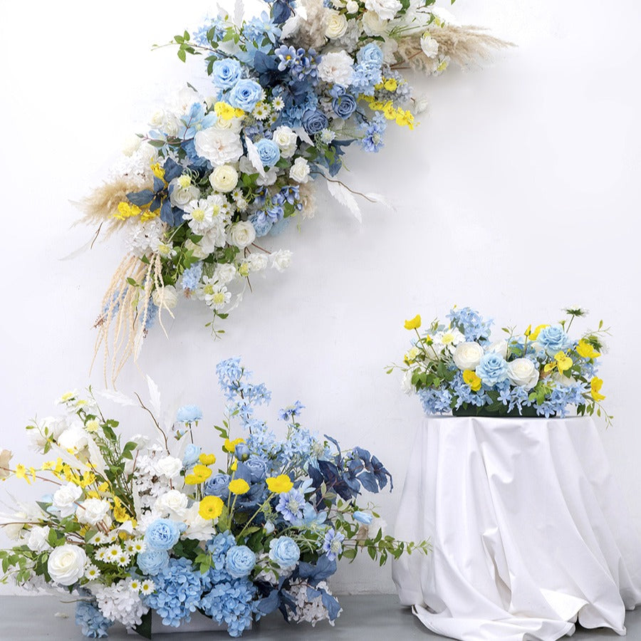 100% handmade, the blue yellow hanging flower set provides a lifelike appearance and is easy to set up. 