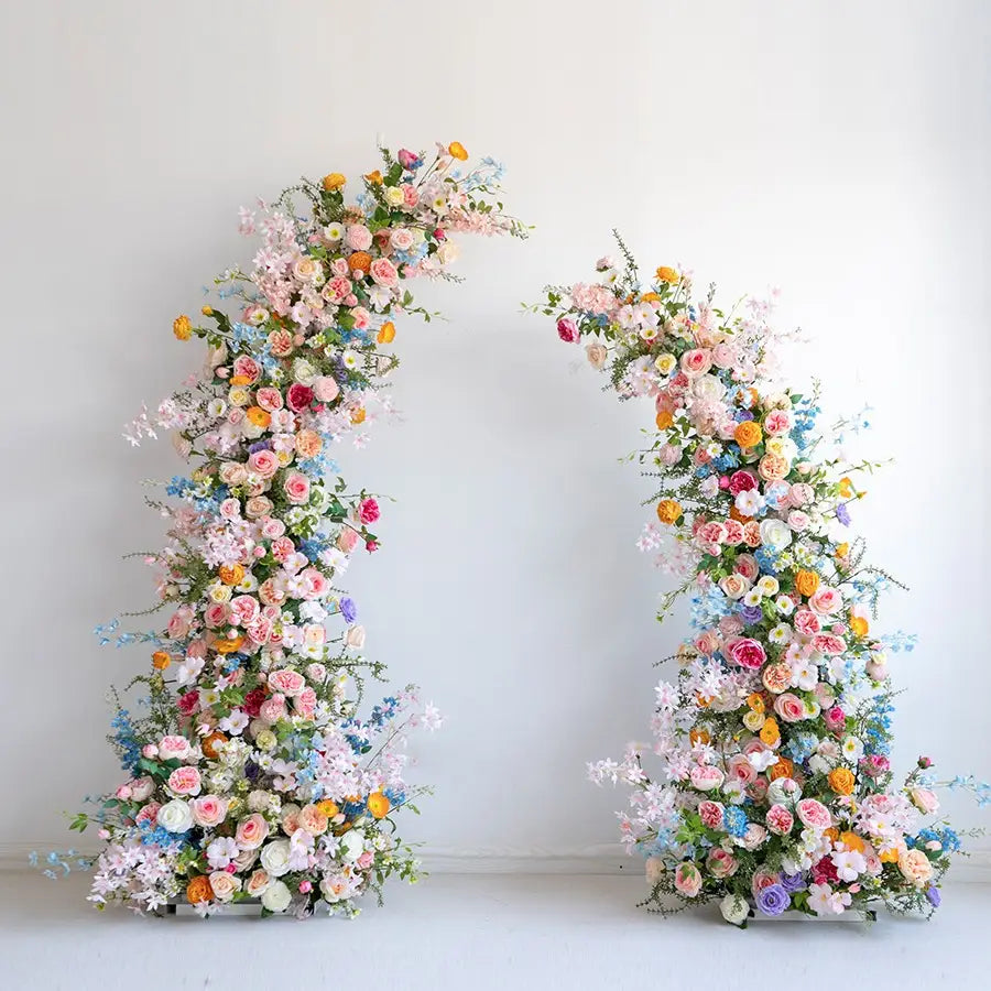 The colorful flower arch features a fabric backing, ensuring lifelike shapes and vibrant colors.
