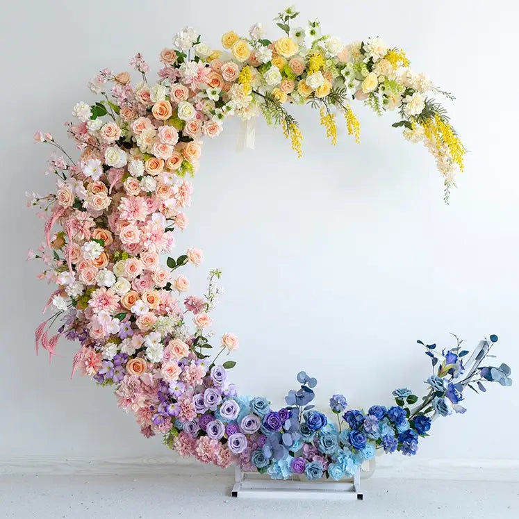 100% handmade, the rainbow moon flower arch provides a lifelike appearance and is easy to set up. 