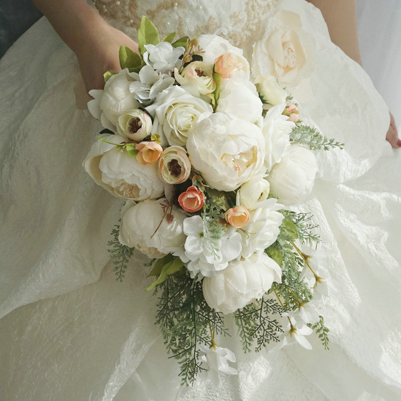 Cascade Bridal Bouquet White Peony Rose for Wedding Party Proposal - KetieStory