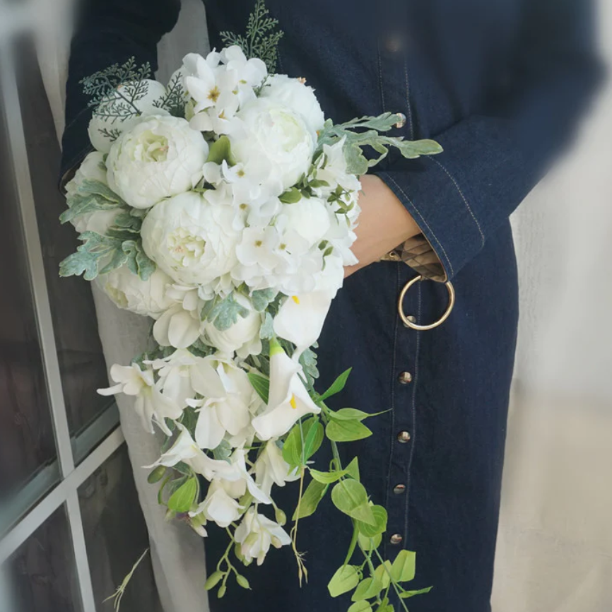 Cascade Bridal Bouquet Pure White for Wedding Party Proposal - KetieStory