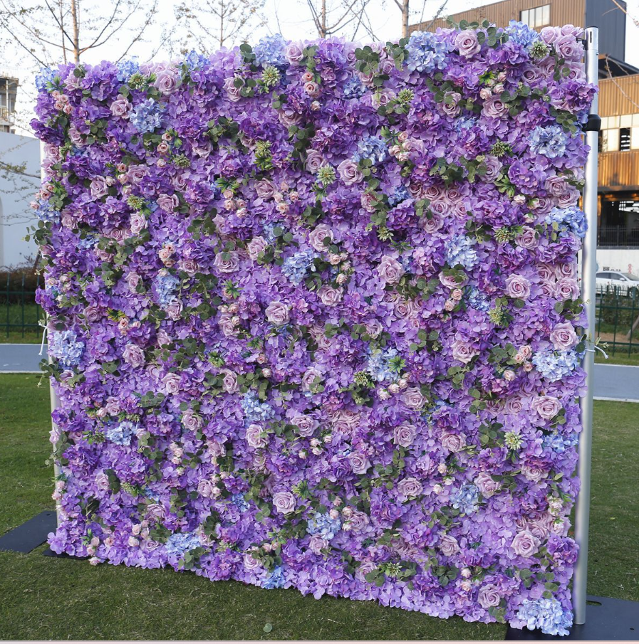 The purple rose flower wall side view is designed for realism and durability with a fabric backing.