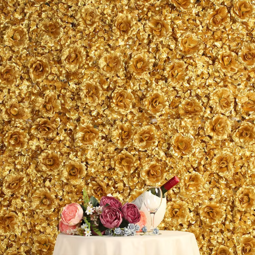 Flower Wall Gold Fabric Rolling Up Curtain Floral Backdrop Wedding Party Proposal Decor - KetieStory