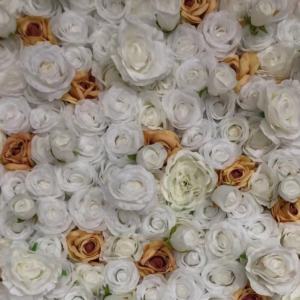 The white&light champagne flower wall's detailed view highlights its vibrant, realistic shapes and fabric backing.