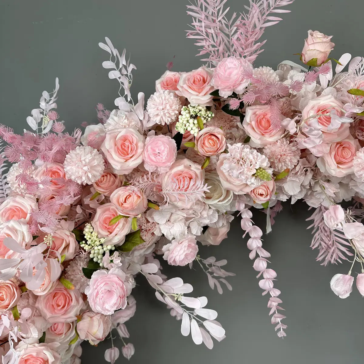 The 5D pink flower arch detailed view highlights its vibrant, realistic shapes and fabric backing.