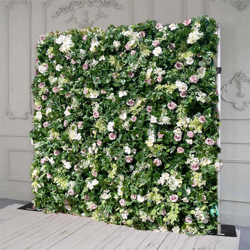 The green leaves and pink rose flower wall side view is designed for realism and durability with a fabric backing.