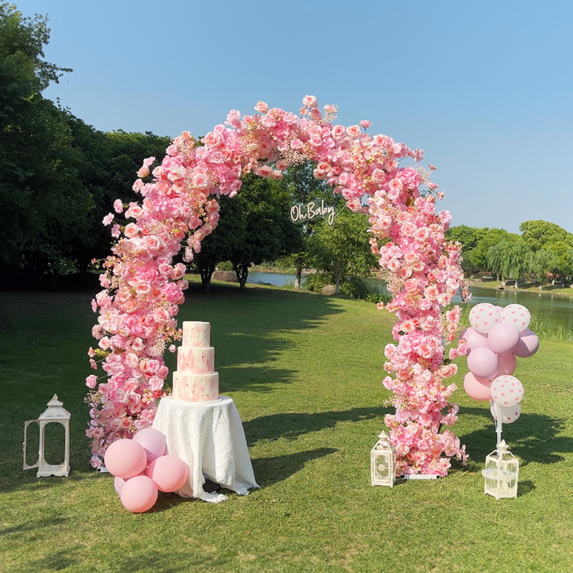 6.5*8ft Pink arch decorated with balloons and cake tower