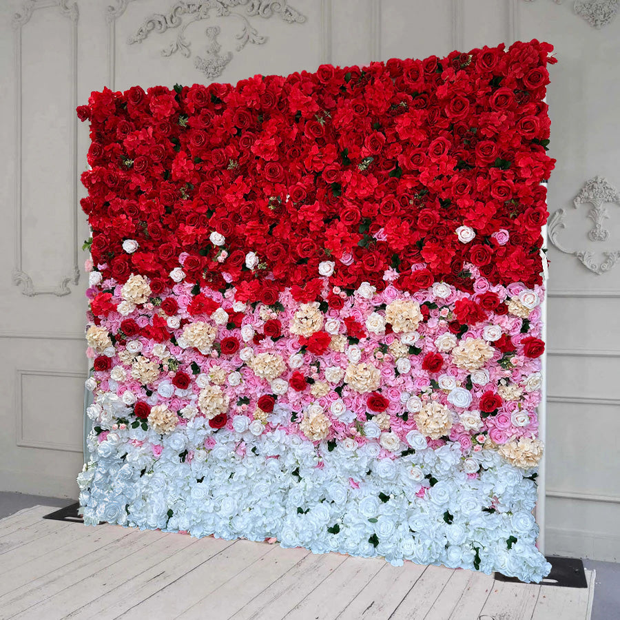 BOGO 8ftx8ft Flower Wall 3D Gradient Red Rose Rolling Up Curtain Floral Backdrop Wedding Party Proposal Decor