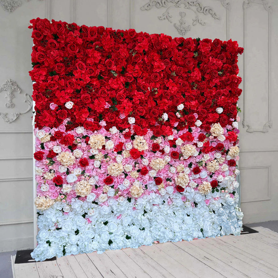 BOGO 8ftx8ft Flower Wall 3D Gradient Red Rose Rolling Up Curtain Floral Backdrop Wedding Party Proposal Decor