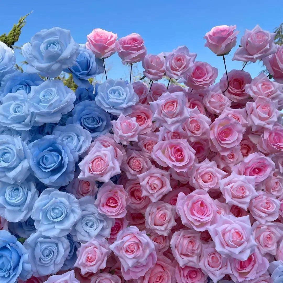 The 5D blue pink flower wall detailed view highlights its vibrant, realistic shapes and fabric backing.