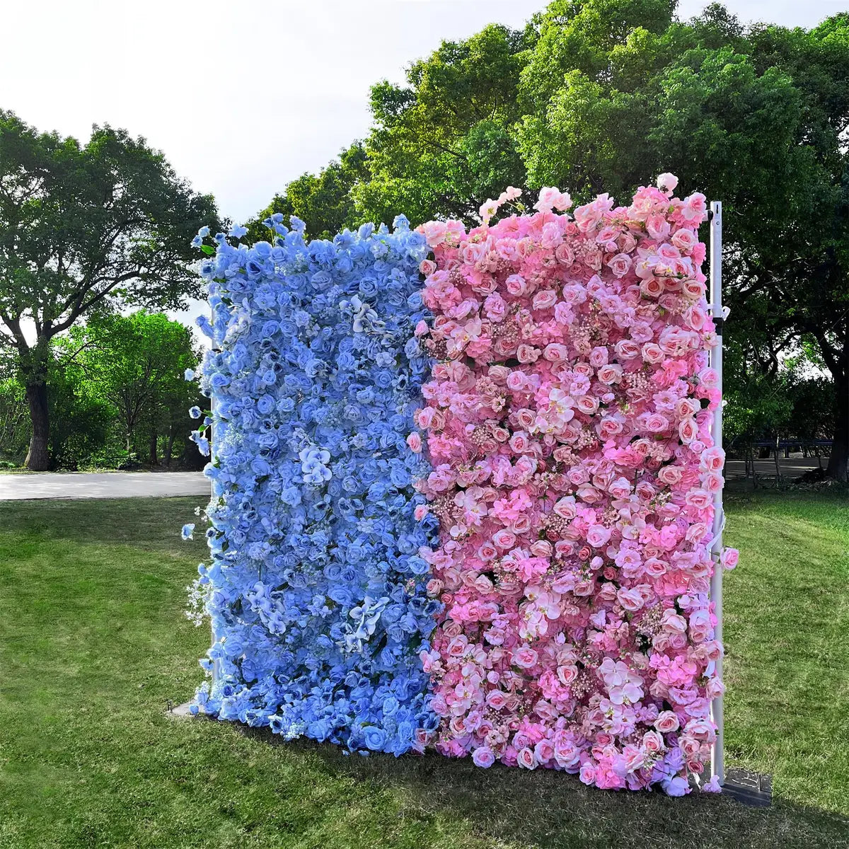 Fade-resistant and realistic, the 7D blue pink flower wall side view features a fabric backing.