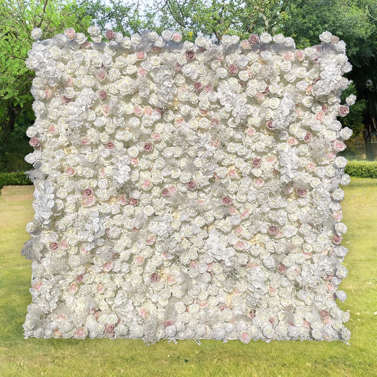 Crafted for realism, the white and light pink rose flower wall boasts a fabric backing and fade-resistant colors.