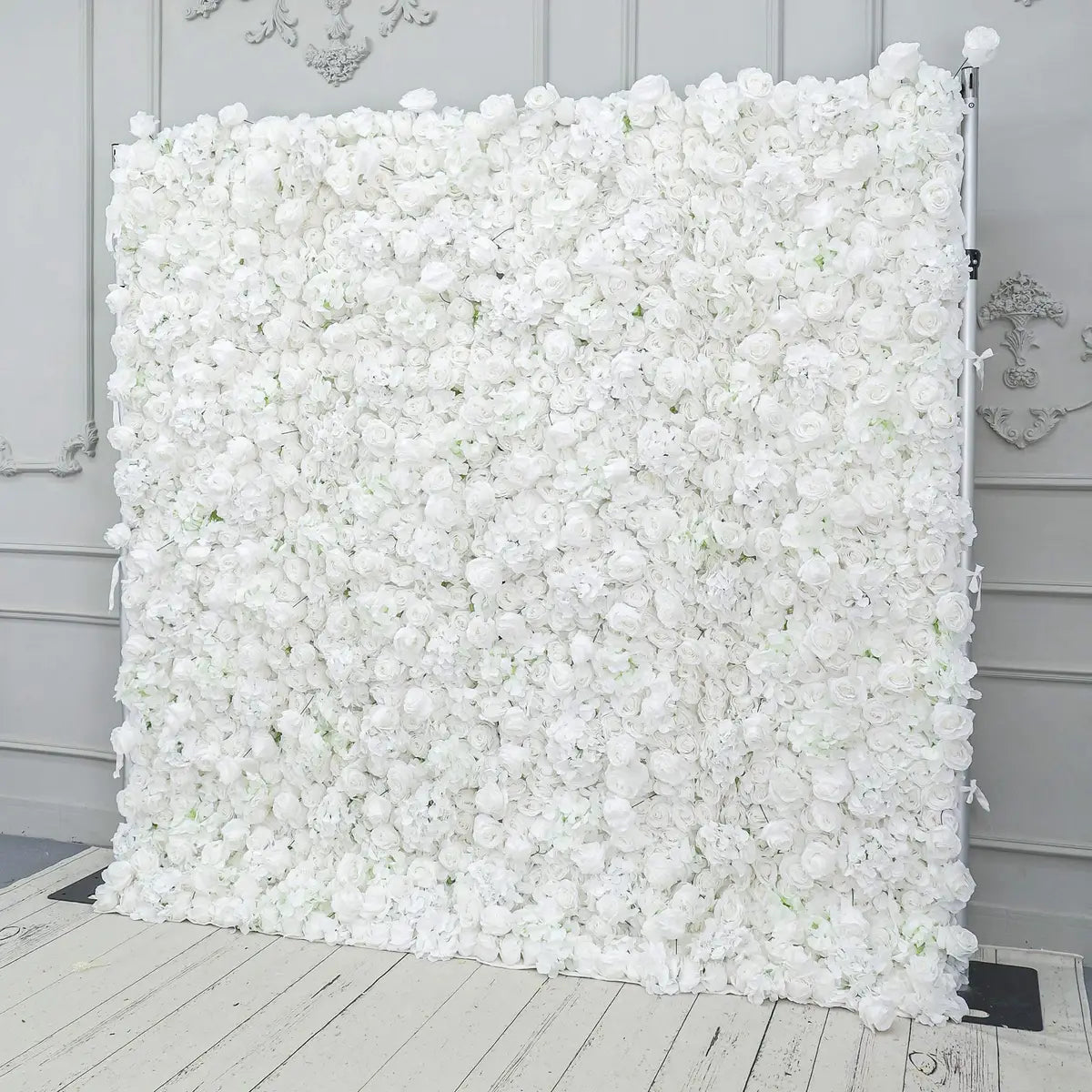 The 3D white rose & hydrangea flower wall side view is designed for realism and durability with a fabric backing.