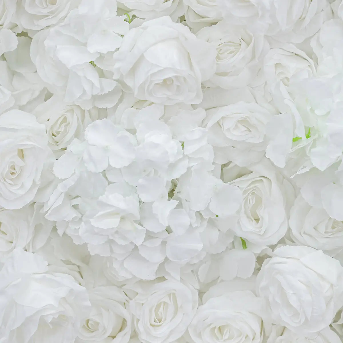 The 3D white rose & hydrangea flower wall detailed view highlights its vibrant, realistic shapes and fabric backing.