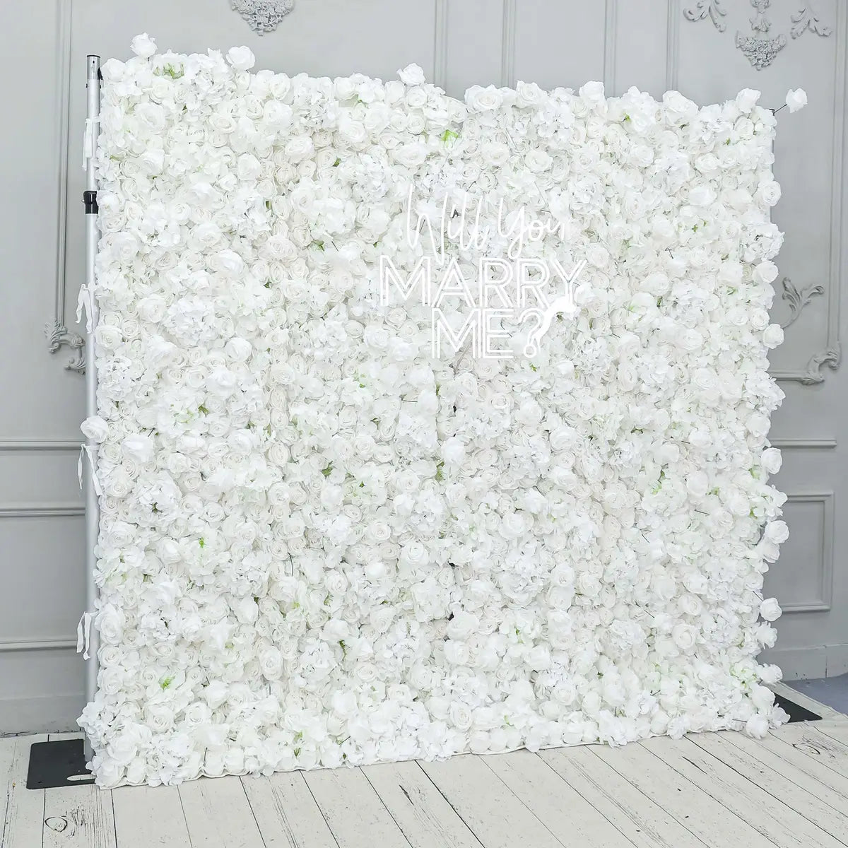 The 3D white rose & hydrangea flower wall side view is designed for realism and durability with a fabric backing.