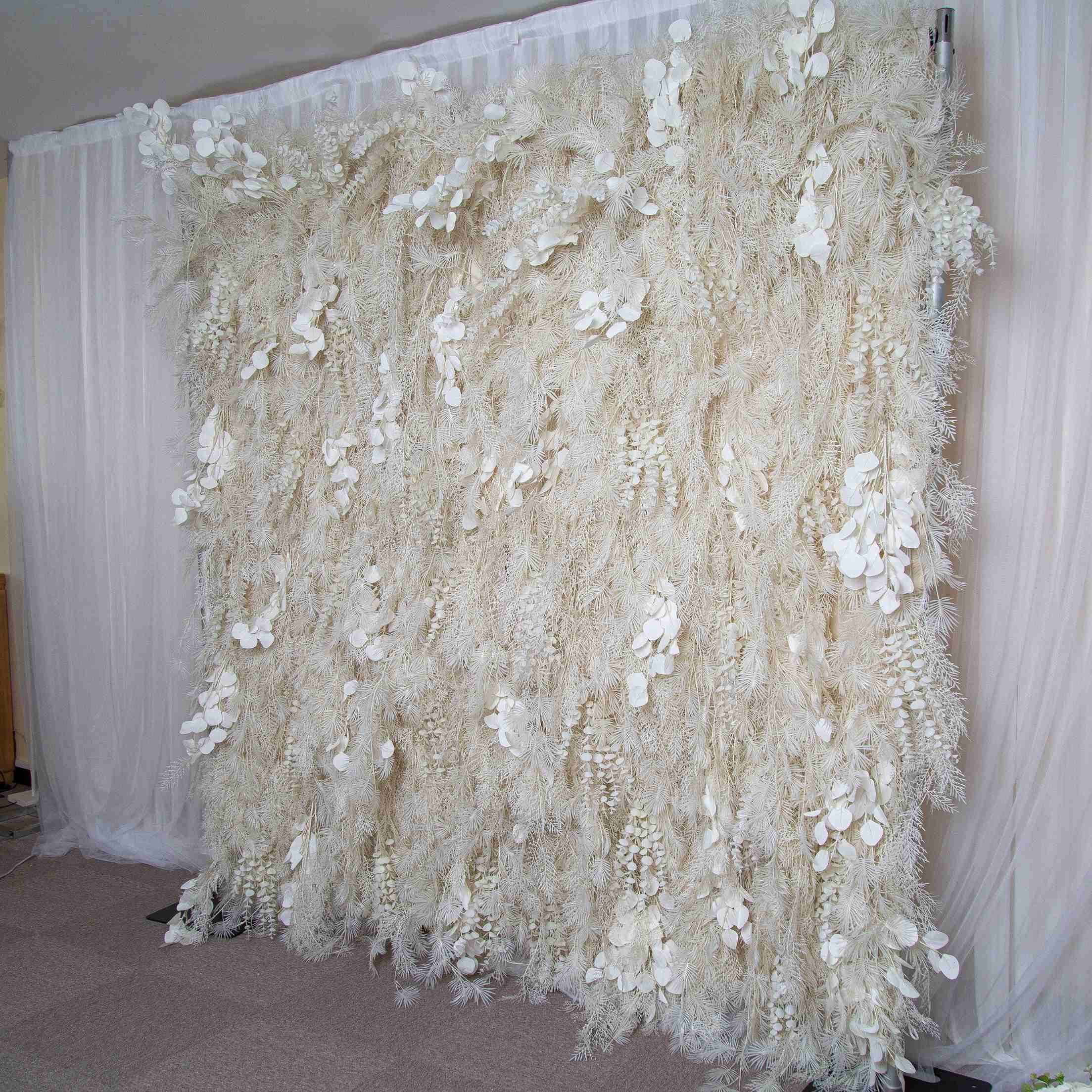 The white pampas fabric artificial flower wall looks pure and elegant.