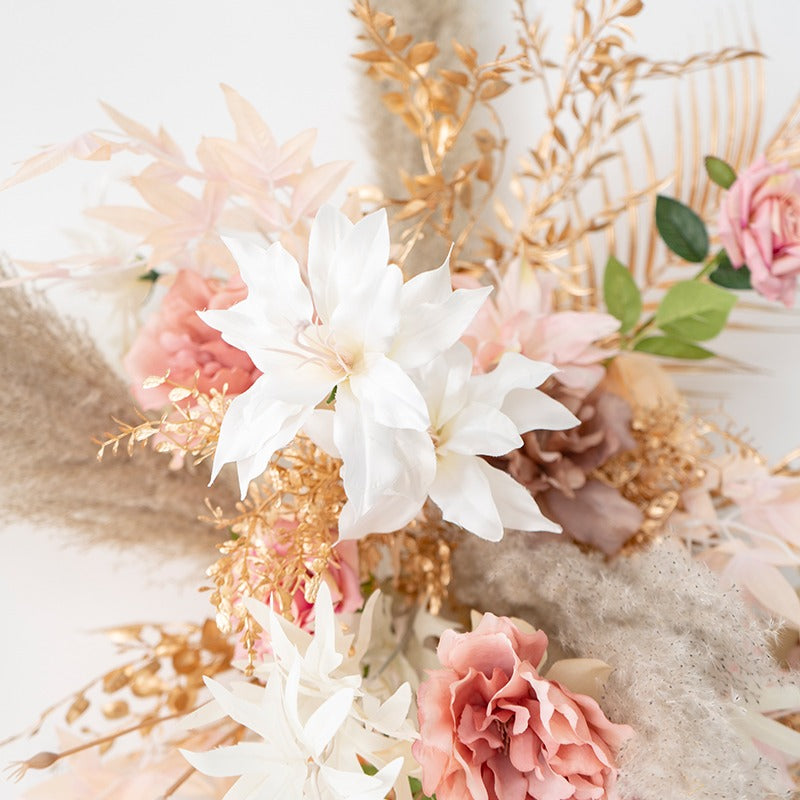 Vibrant colors give the champagne pink hanging flower set detailed realism and beauty.