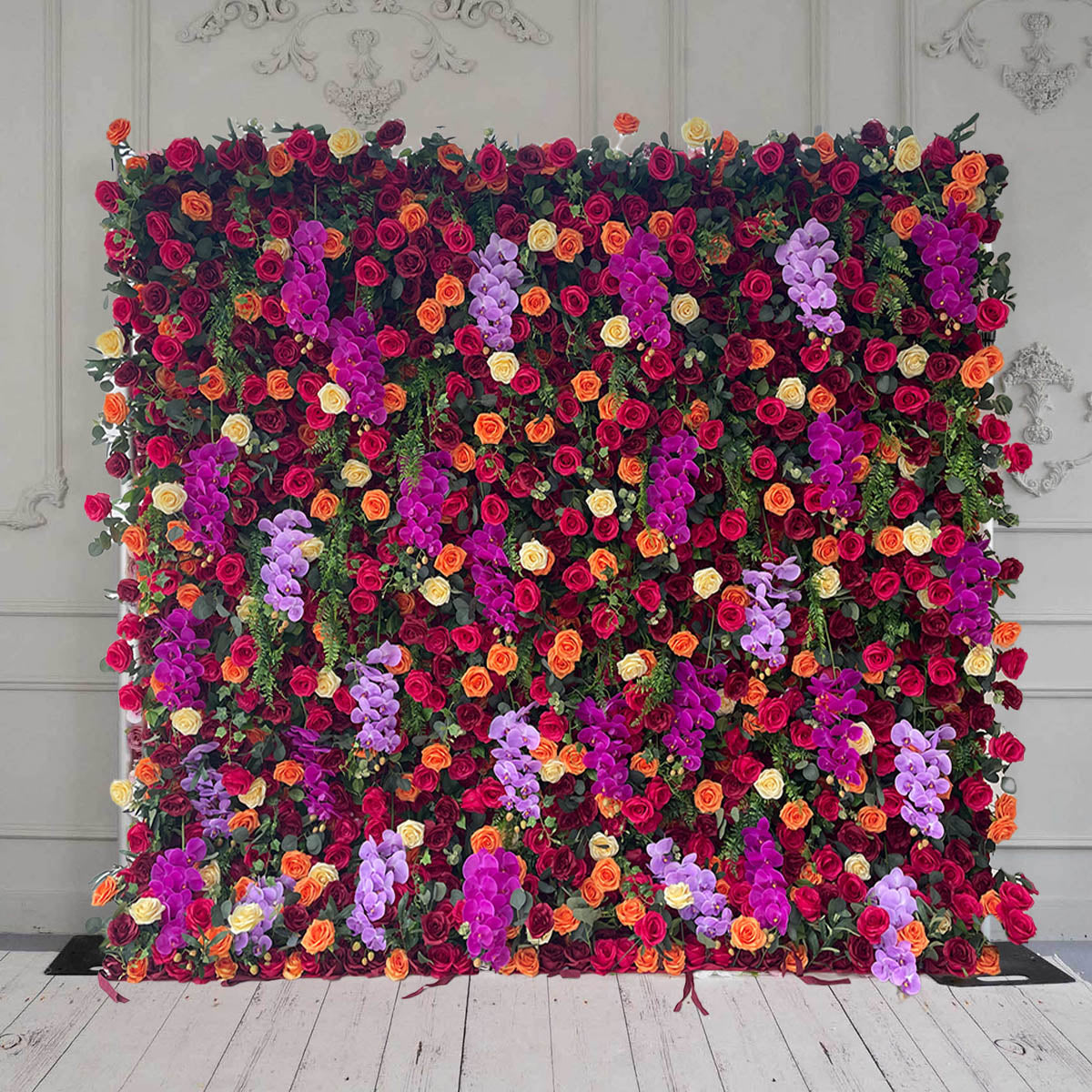 BOGO 8X8ft Flower Wall Purple & Orange Fabric Rolling Up Curtain Floral Backdrop Wedding Party Proposal Decor - KetieStory