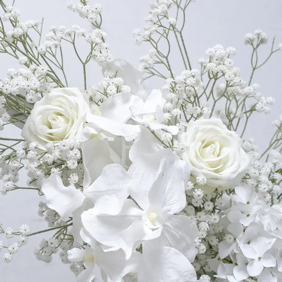 Vibrant colors give the white baby's breath flower arch detailed realism and beauty.